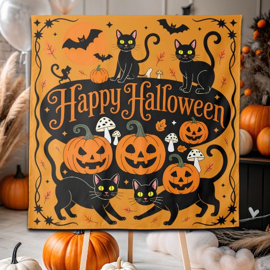 Zwarte katten pompoenen en vleermuizen Happy Hallo Wandkleed