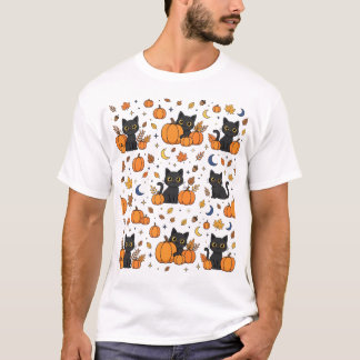 Zwarte Katten Pompoenveld Halloween Patroon T-shirt