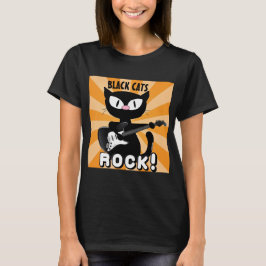 ZWARTE KATTEN ROCK! Black Cartoon Cat Plays Guitar T-shirt