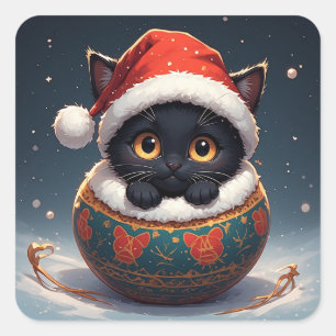 Zwarte Katten Santa Ornament Vierkante Sticker