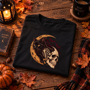 Zwarte Katten Skelet Schedel Maan Halloween T-shirt
