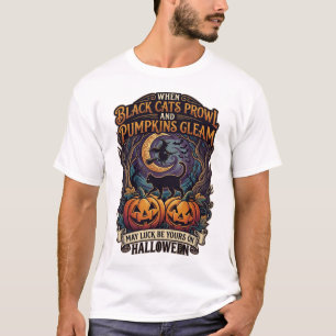 Zwarte katten sluipen Pompoenen Glanzen Halloween T-shirt