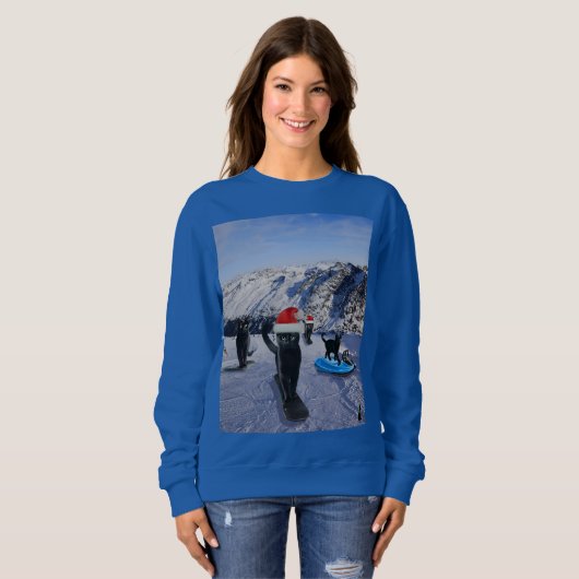 Zwarte katten snowboarden met kerst trui (Voorkant volledig)