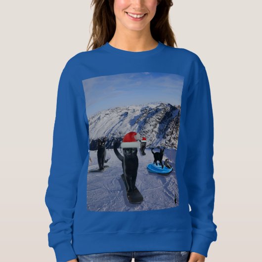 Zwarte katten snowboarden met kerst trui (Voorkant)