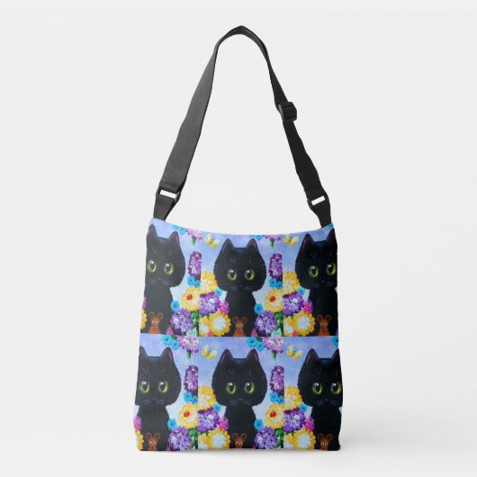 Zwarte kattenbloemen crossbody tas (Voorkant)