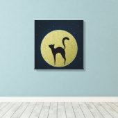 Zwarte kattenelegant silhouet en maan canvas afdruk (Insitu (Houten vloer))