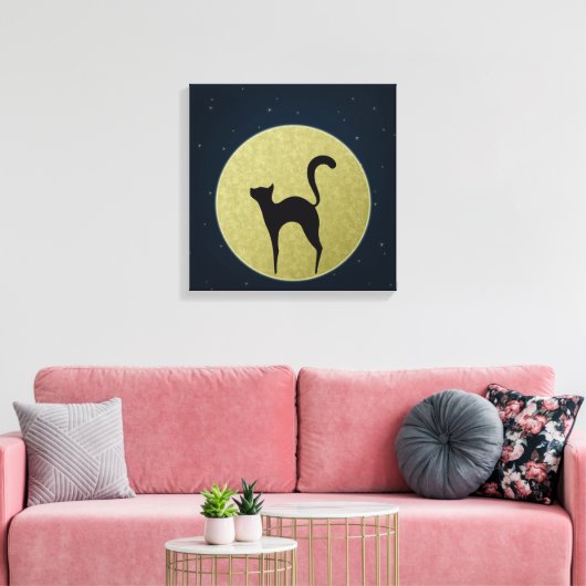 Zwarte kattenelegant silhouet en maan canvas afdruk (Insitu (Woonkamer))