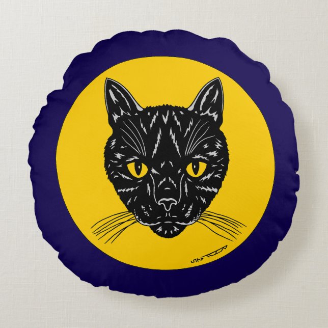 Zwarte Kattengezicht Rond Kussen (Voorkant)