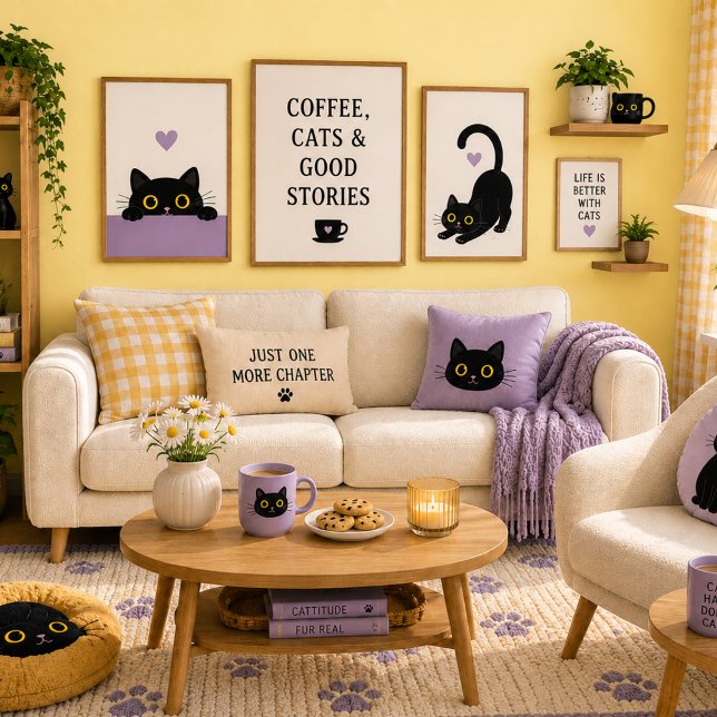 Zwarte Kattengezicht Worpkussen – Lavendel Kat Ca Kussen (Cat Cafe Inspired Decor)