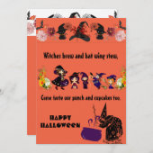 Zwarte-kattenkaart met witte witch Parade Cauldron Aankondiging (Voorkant / Achterkant)