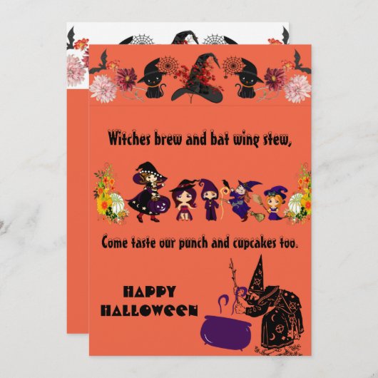 Zwarte-kattenkaart met witte witch Parade Cauldron Aankondiging (Voorkant / Achterkant)