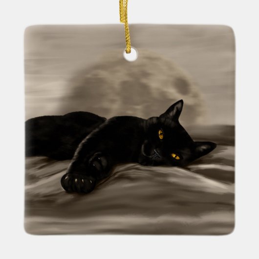 Zwarte kattenkoeling keramisch ornament (Voorkant)