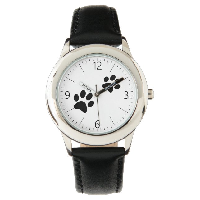 Zwarte kattenpootafdrukken op wit horloge (Voorkant)