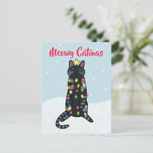 Zwarte kattenpun voor kerstverlichting grappig ker feestdagenkaart (Staand voorkant)