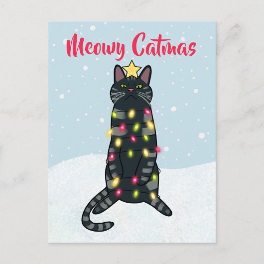 Zwarte kattenpun voor kerstverlichting grappig ker feestdagenkaart (Voorkant)