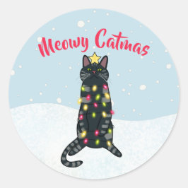 Zwarte kattenpun voor kerstverlichting grappig ker ronde sticker