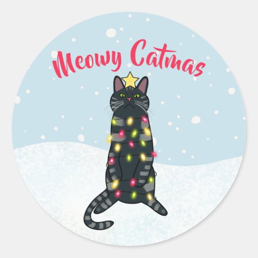 Zwarte kattenpun voor kerstverlichting grappig ker ronde sticker (Voorkant)