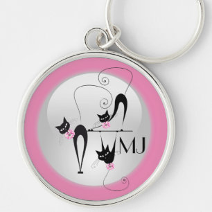 Zwarte kattenroze monogram sleutelhanger
