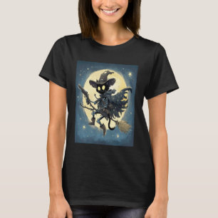 Zwarte Kattenskelet met Heksenhoed die op Bezem Ri T-shirt