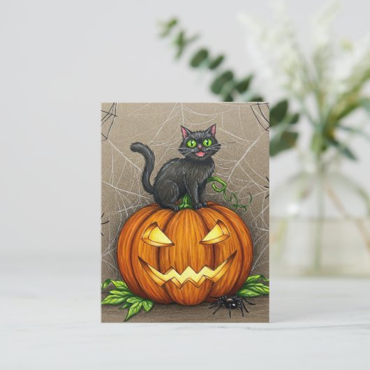 Zwarte Kattenspinnen Pompoen Halloween Briefkaart (Staand voorkant)