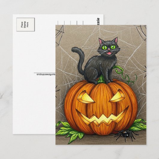 Zwarte Kattenspinnen Pompoen Halloween Briefkaart (Voorkant / Achterkant)