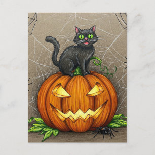 Zwarte Kattenspinnen Pompoen Halloween Briefkaart