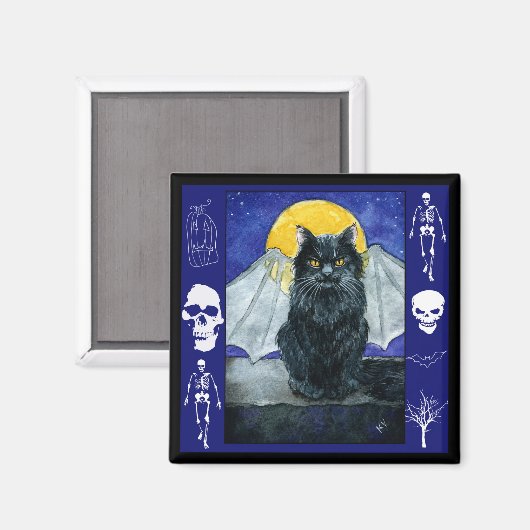 Zwarte katterietgargoyle Halloween kitten magnet (Voorkant / Achterkant)