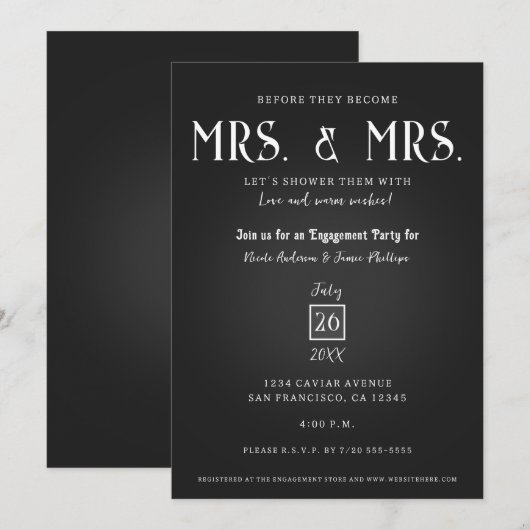 Zwarte kaviaar Classy Elegant Mrs Engagement Party Kaart (Voorkant / Achterkant)