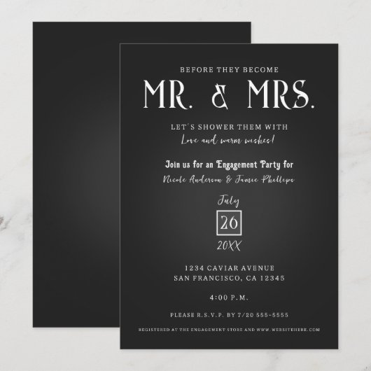 Zwarte kaviaar Elegant Mr & Mrs Engagement Party Kaart (Voorkant / Achterkant)
