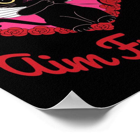 Zwarte kawaii kattencupido met hart en Roos doel v Poster (Hoek)