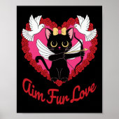 Zwarte kawaii kattencupido met hart en Roos doel v Poster (Voorkant)