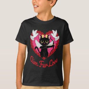 Zwarte kawaii kattencupido met hart en Roos doel v T-shirt