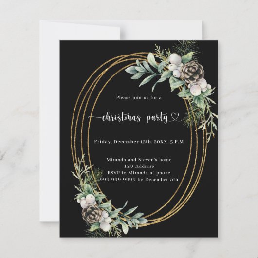 Zwarte kegeldennen gouden kerstfeest uitnodiging (Voorkant)