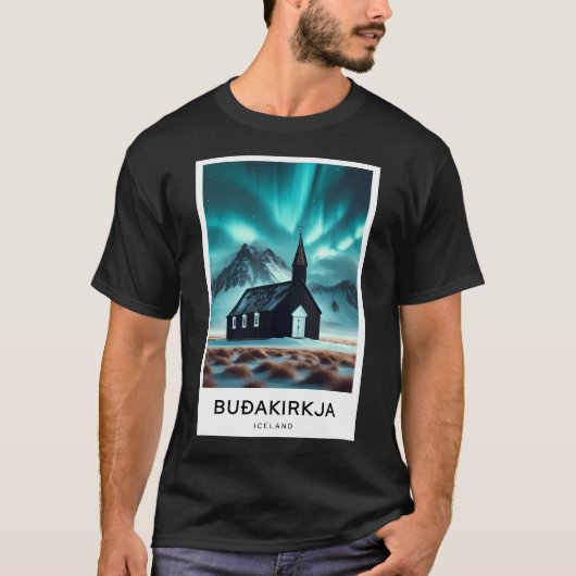 Zwarte Kerk Aurora IJsland - Digitale reizen T-shirt (Voorkant)