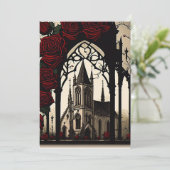 Zwarte Kerk met rode rozen Gotische bruiloft Kaart (Staand voorkant)