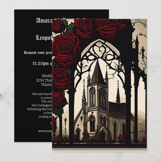 Zwarte Kerk met rode rozen Gotische bruiloft Kaart (Voorkant / Achterkant)