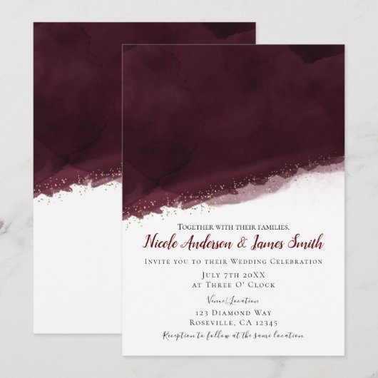 Zwarte Kers Aquarel & Goud Moderne Chic Bruiloft Kaart (Voorkant / Achterkant)