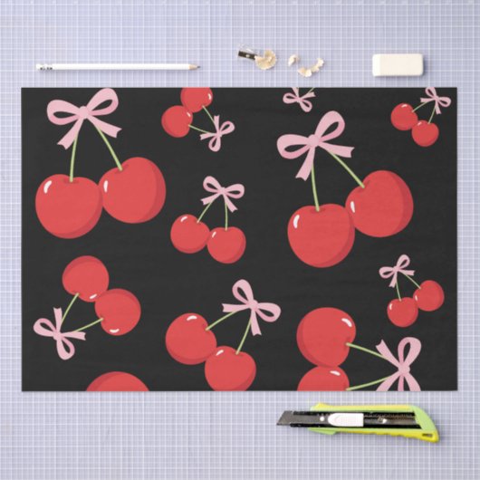 Zwarte Kersen met Roze Strik Coquette  Tissuepapier (Craft)