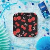 Zwarte Kersen Roze Strik Coquette Verjaardagsfeest Papieren Bordje (Feest)