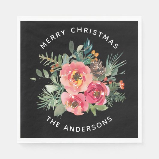 Zwarte Kerst Bloemen & Pine. Donkere feestelijke w Servet (Voorkant)