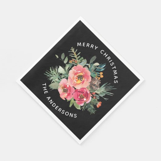 Zwarte Kerst Bloemen & Pine. Donkere feestelijke w Servet (Hoek)