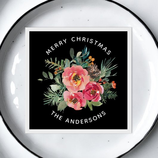 Zwarte Kerst Bloemen & Pine. Donkere feestelijke w Servet