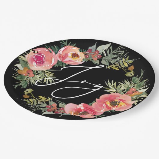 Zwarte kerst. Elegant Joy Script Floral Holiday Papieren Bordje (Gekanteld)