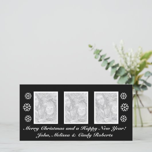 Zwarte Kerst fotokaart sjabloon | drie foto's (Staand voorkant)