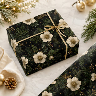Zwarte Kerst Groen Goud Helleboris Kerstmis Cadeaupapier
