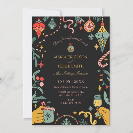 Zwarte Kerst ornamenten bruiloft Uitnodiging (Voorkant)