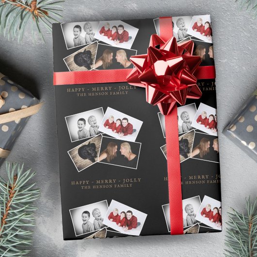Zwarte Kerst Script Familie Fotocollage Cadeaupapier
