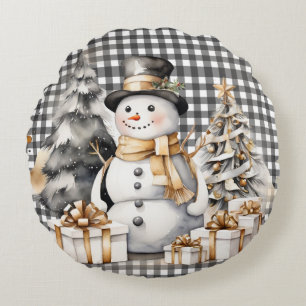 Zwarte kerst sneeuwpop winter ontwerp rond kussen