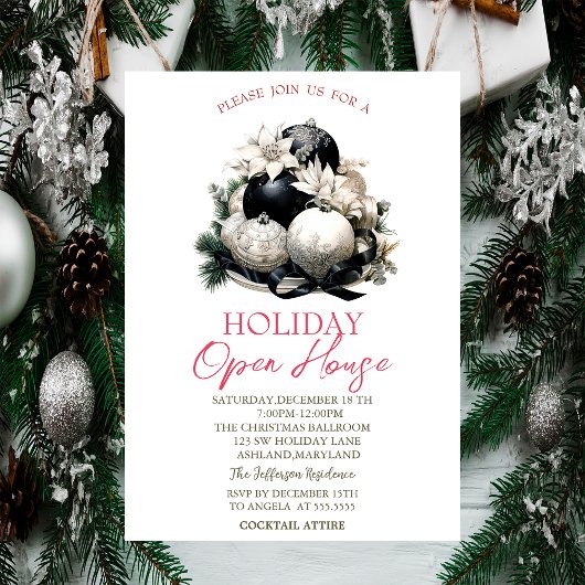 Zwarte Kerstballen Holiday Open House Kaart