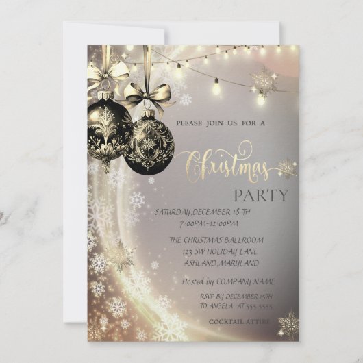 Zwarte Kerstballen, Strijklichten, Sneeuwvlokken Kaart (Voorkant)